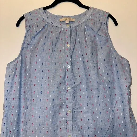 LOFT Women’s Button Up Light Blue with Colorful Embroidered Dots Size Large - Picture 3 of 8